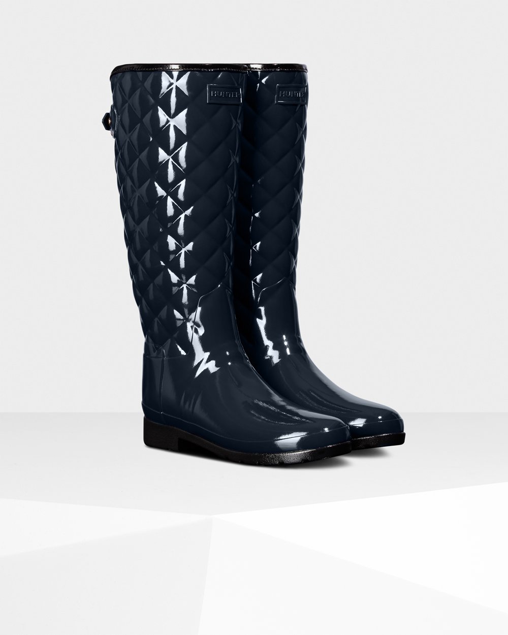 Women Hunter Refined Adjustable Quilted Gloss | Tall Rain Boots Navy | NZ-53416-YWMO